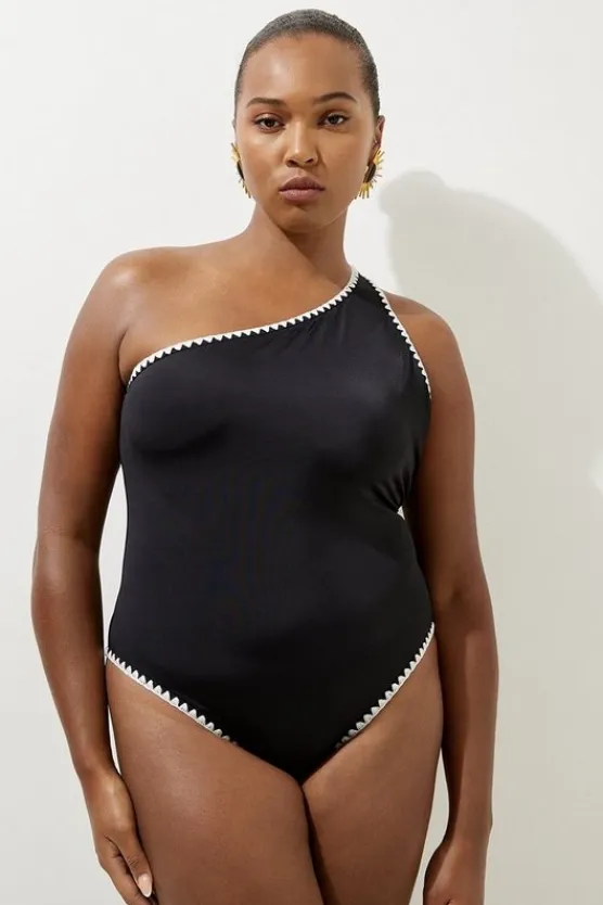 Karen Millen Plus Size Contrast Stitch One Shoulder Swimsuit black Outlet