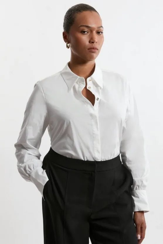 Karen Millen Plus Size Cotton Button Sleeve Detail Striped Woven Shirt white Best