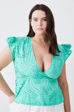 Karen Millen Plus Size Cotton Eyelet Ruffle Sleeve Top green Outlet