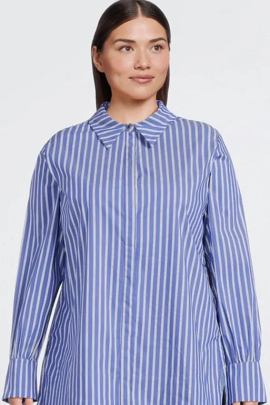 Karen Millen Plus Size Cotton Poplin Button Sleeve Detail Woven Shirt navy Sale