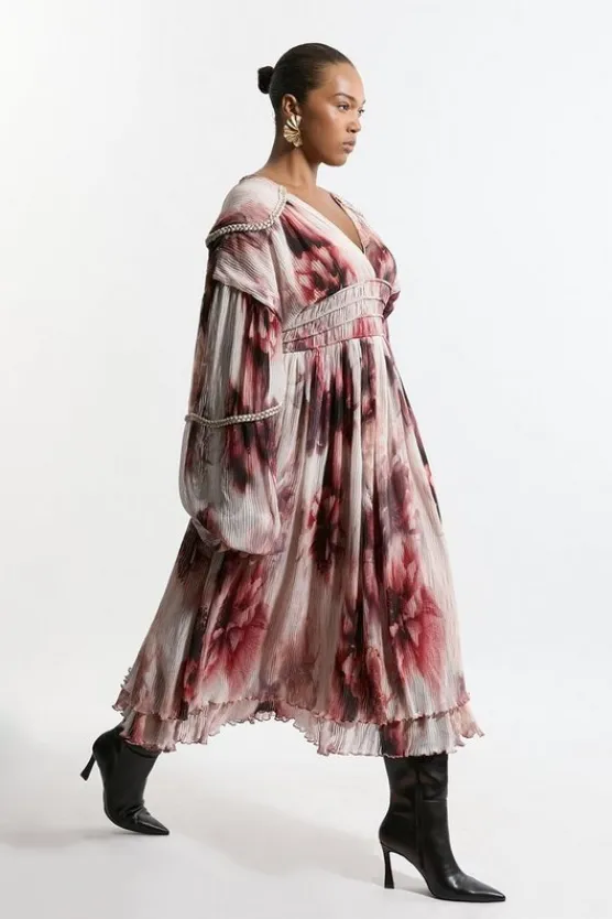Karen Millen Plus Size Crinkle Woven Midi Dress With Balloon Sleeve And Embellishment floral Clearance
