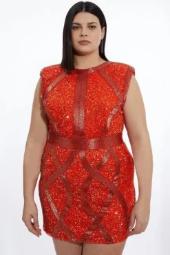 Karen Millen Plus Size Crystal Embellished Strong Shoulder Mini Dress orange Sale