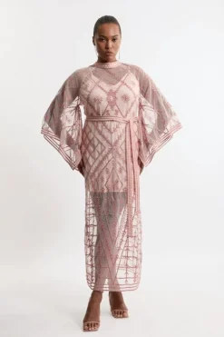 Karen Millen Plus Size Crystal Embellished Kimono Sleeve Woven Maxi Dress blush New