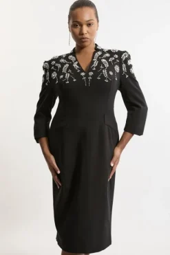 Karen Millen Plus Size Crystal Embellished Compact Stretch Belted Tailored Forever Dress black Online