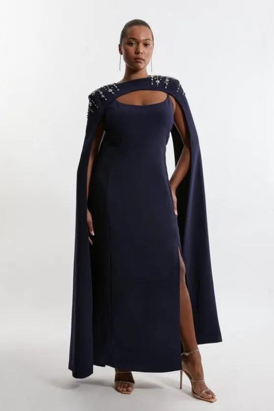Karen Millen Plus Size Crystal Embellished Viscose Crepe Woven Maxi Dress With Detachable Cape navy New
