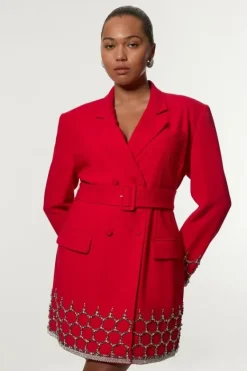 Karen Millen Plus Size Crystal Embellished Tailo Blazer Mini Dress red Hot