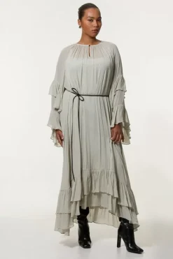 Karen Millen Plus Size Drama Kimono Viscose Georgette Woven Maxi Dress With PU Belt sage Sale