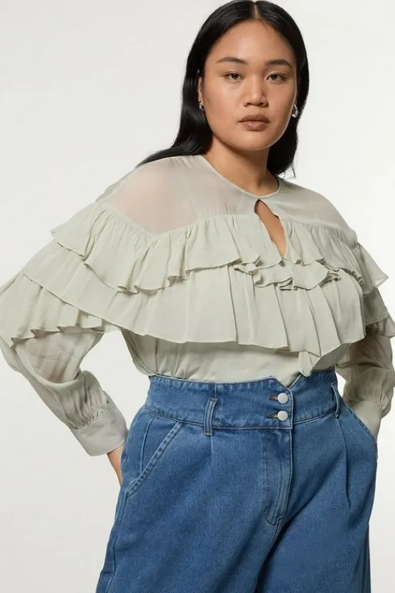 Karen Millen Plus Size Drama Ruffle Viscose Georgette Woven Blouse sage Sale