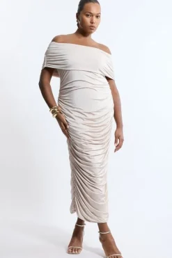 Karen Millen Plus Size Drapey Slinky Jersey Off The Shoulder Maxi Dress oyster Best