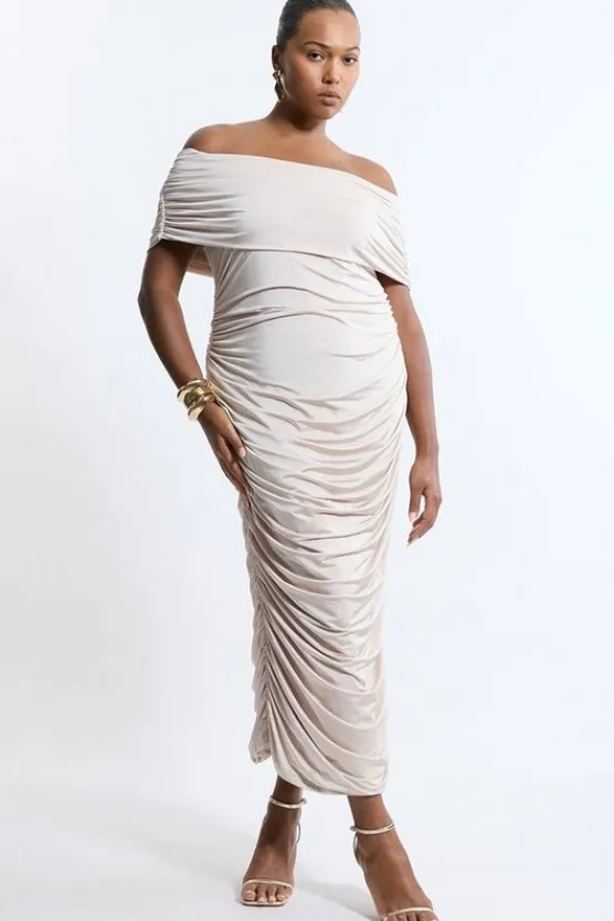 Karen Millen Plus Size Drapey Slinky Jersey Off The Shoulder Maxi Dress oyster Best