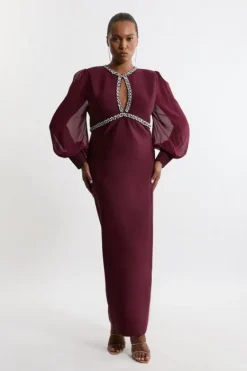 Karen Millen Plus Size Embellished And Chiffon Sleeve Figure Form Knit Midaxi Dress burgundy Discount