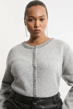 Karen Millen Plus Size Embellished Trim Cosy Knit Cardigan grey Outlet