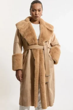 Karen Millen Plus Size Faux Shearling Collar & Cuff Belted Long Coat camel Discount