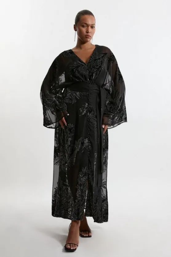 Karen Millen Plus Size Feather Devore Woven Kimono Maxi Dress black Outlet