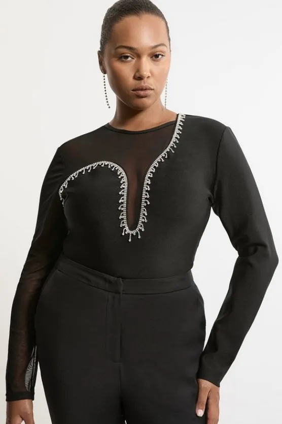 Karen Millen Plus Size Figure Form Bandage Mesh Detail Embellished Knit Top black New