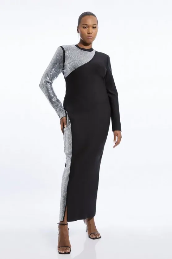 Karen Millen Plus Size Figure Form Bandage Asymmetric Embellished Maxi Dress black Discount