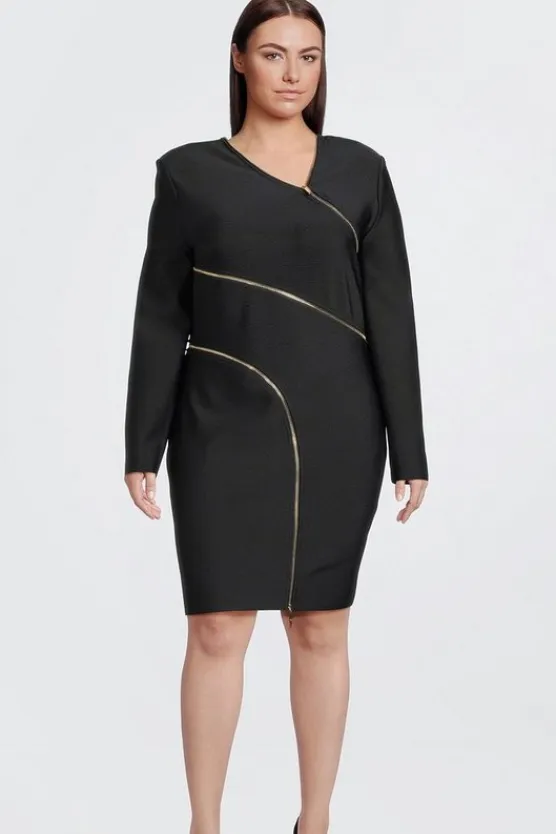 Karen Millen Plus Size Figure Form Bandage Zip Detail Mini Dress black New