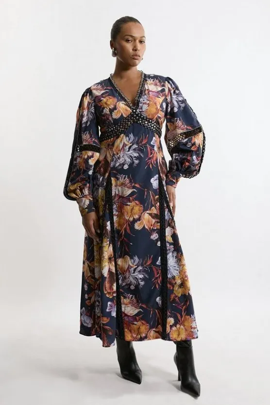 Karen Millen Plus Size Studded Lace Woven Maxi Dress floral New