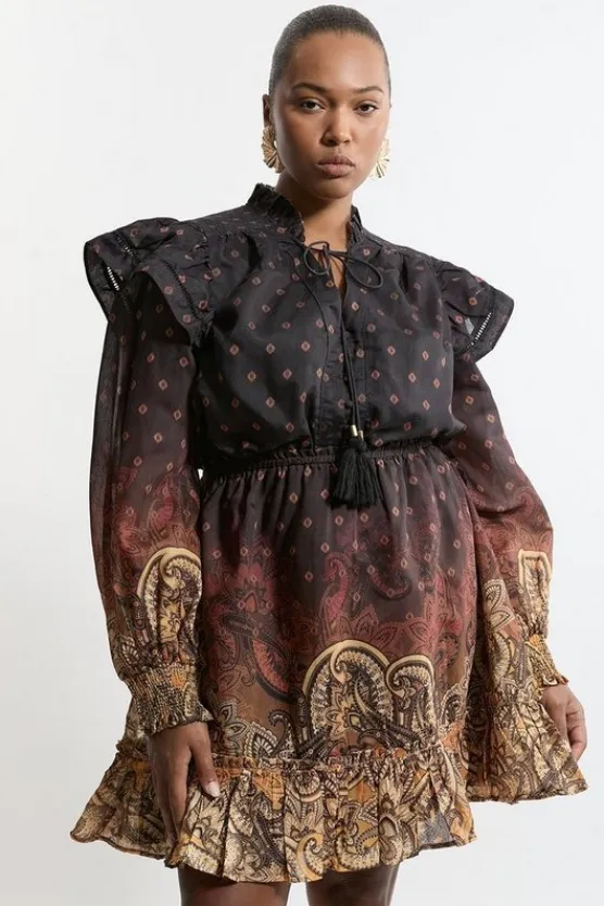 Karen Millen Plus Size Frill Detail Sleeve Paisley Print Cotton Woven Maxi Dress desertyellow Discount
