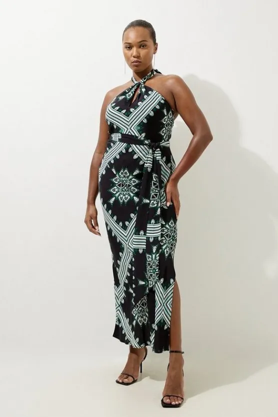 Karen Millen Plus Size Geo Printed Morocain Woven Maxi Dress black Fashion