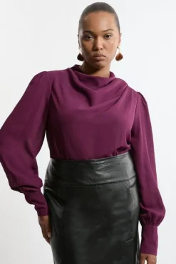Karen Millen Plus Size Georgette Woven Ruched Shoulder Long Sleeved Blouse purple Best