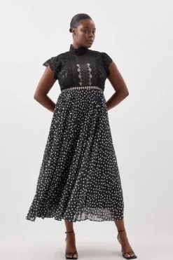 Karen Millen Plus Size Guipure Lace Dot Pleated Skirt Midi Dress mono Outlet
