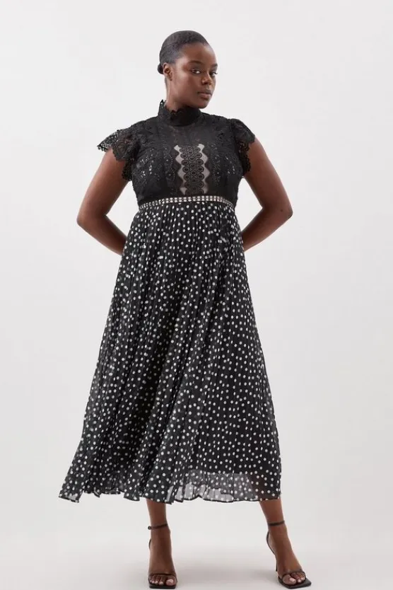 Karen Millen Plus Size Guipure Lace Dot Pleated Skirt Midi Dress mono Outlet