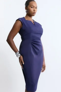 Karen Millen Plus Size Italian Structured Stretch Tailored Envelope Neck Pencil Midi Dress navy Clearance