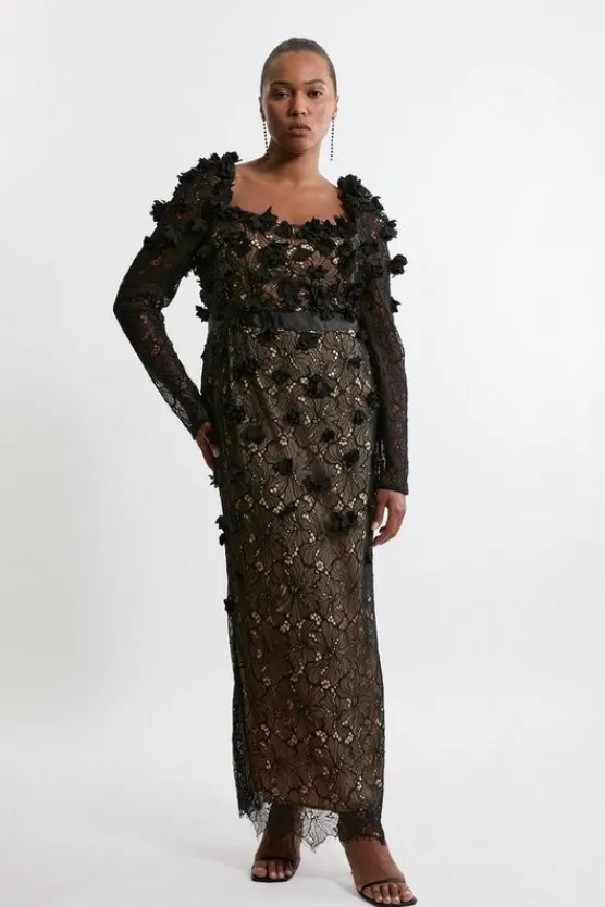 Karen Millen Plus Size Lace Petal Applique Woven Midi Dress black_nude Clearance