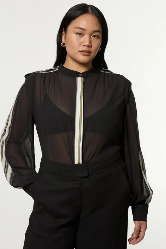 Karen Millen Plus Size Military Striped Balloon Sleeve Shirt mono Hot
