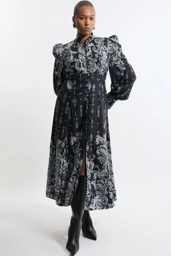 Karen Millen Plus Size Mono Floral Woven Button Up Maxi Dress black Clearance