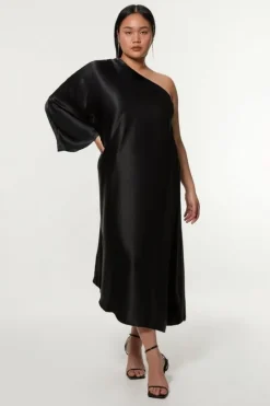 Karen Millen Plus Size One Shoulder Draped Satin Woven Midaxi Dress black Fashion