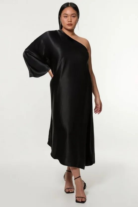 Karen Millen Plus Size One Shoulder Draped Satin Woven Midaxi Dress black Fashion