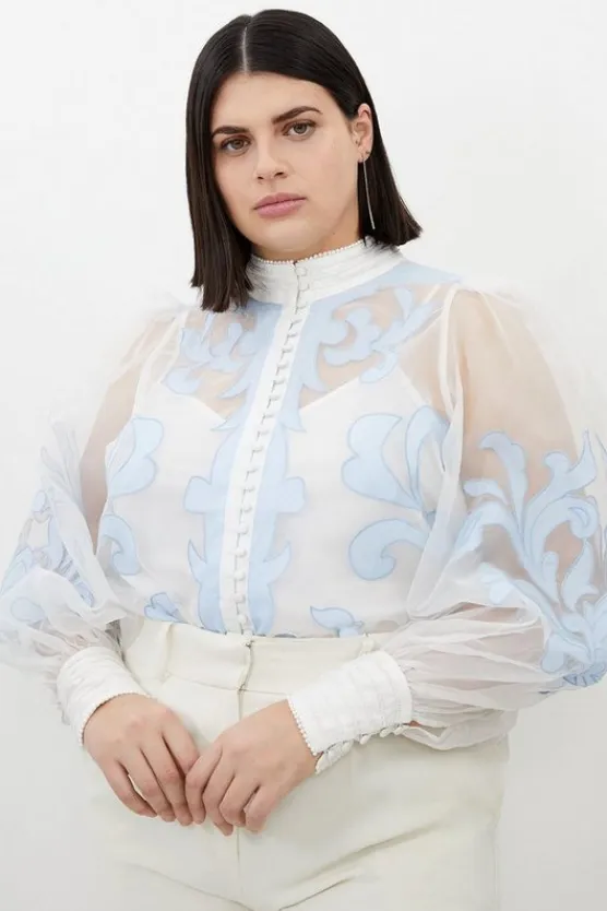 Karen Millen Plus Size Organdie Applique Buttoned Woven Blouse babyblue Online