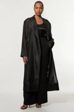 Karen Millen Plus Size Organza And Satin Mix Tailored Sheer Trench Coat black Fashion