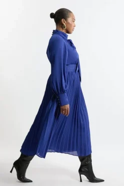 Karen Millen Plus Size Pleated Woven Belted Tie Neck Maxi Shirt Dress trueblue Sale