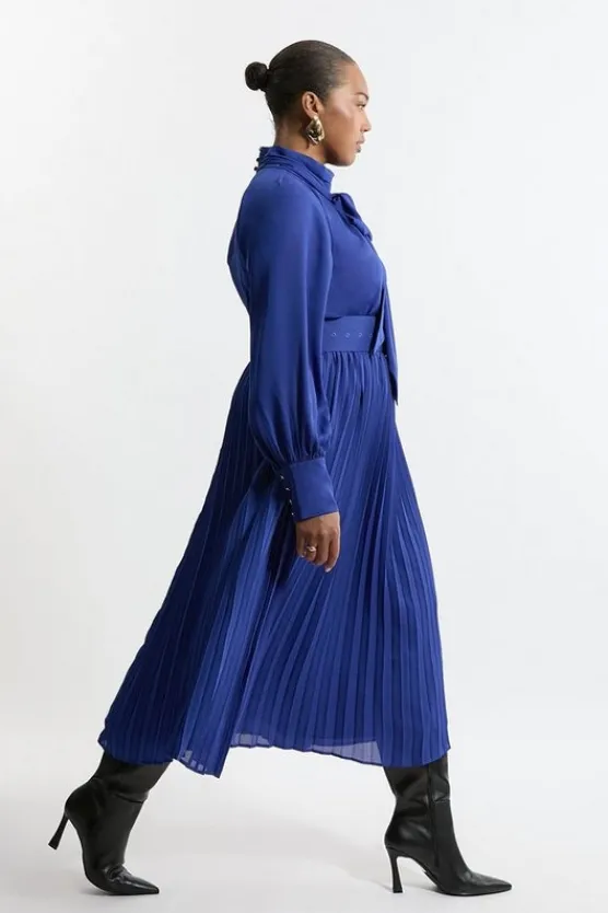 Karen Millen Plus Size Pleated Woven Belted Tie Neck Maxi Shirt Dress trueblue Sale