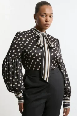 Karen Millen Plus Size Polka Dot Woven Balloon Sleeve Blouse mono Clearance
