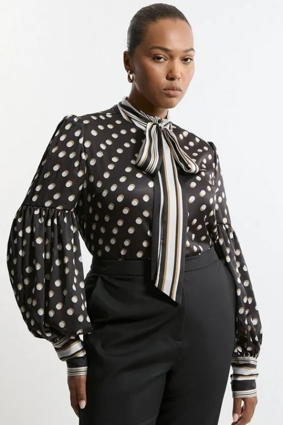 Karen Millen Plus Size Polka Dot Woven Balloon Sleeve Blouse mono Clearance