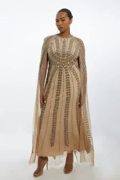 Karen Millen Plus Size Premium Embellished Cape Maxi Dress nude Online
