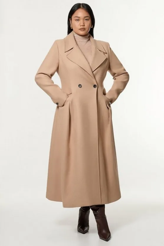 Karen Millen Plus Size Premium Italian Wool Blend Flared Skirt Midaxi Coat camel Fashion