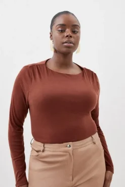 Karen Millen Plus Size Premium Jersey Wool Blend Long Sleeve Top toffee Clearance