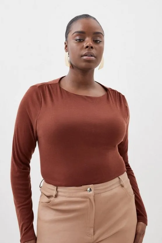 Karen Millen Plus Size Premium Jersey Wool Blend Long Sleeve Top toffee Clearance