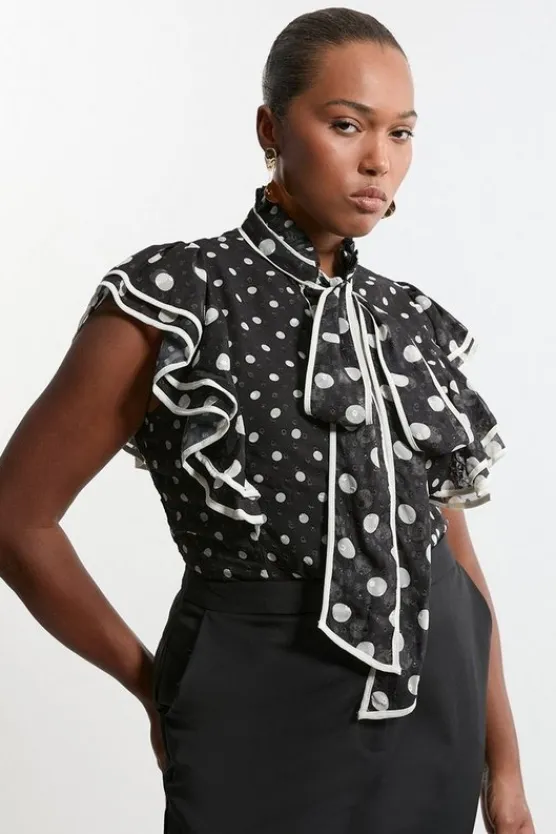 Karen Millen Plus Size Printed Dobby Neck Tie Ruffle Blouse mono Hot