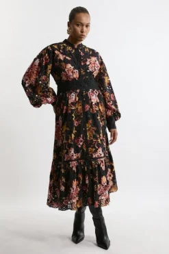 Karen Millen Plus Size Printed Eyelet Woven Midi Dress With Guipure Trim floral Clearance