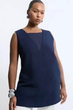 Karen Millen Plus Size Satin Back Crepe Deep V Woven Tunic navy Discount