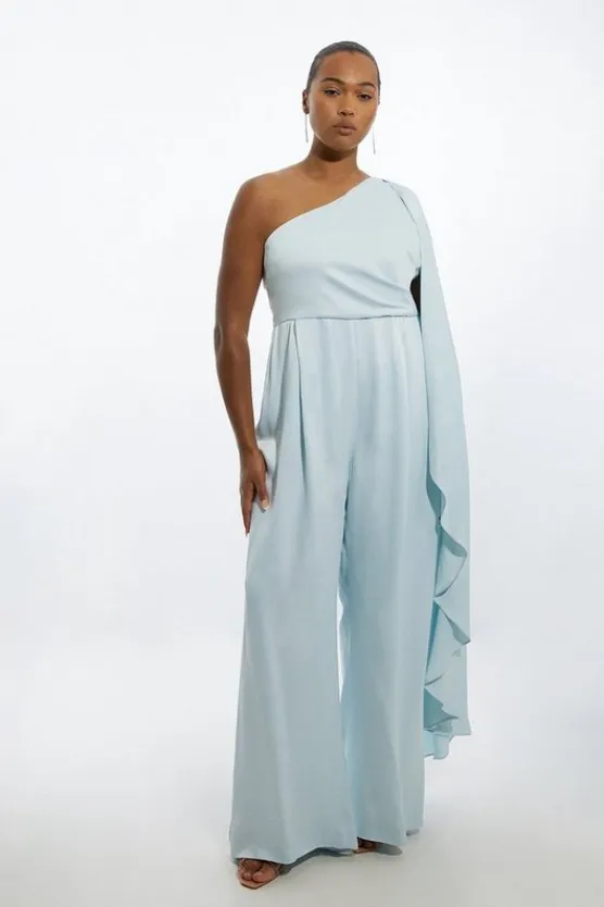 Karen Millen Plus Size Satin Back Crepe Drape One Shoulder Wide Leg Jumpsuit blue New
