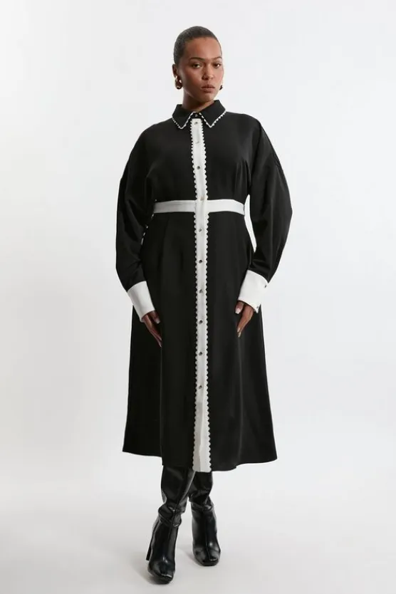 Karen Millen Plus Size Scallop Trim Woven Crepe Shirt Dress mono Sale