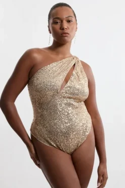 Karen Millen Plus Size Sequin Cut Out Swimsuit gold Sale