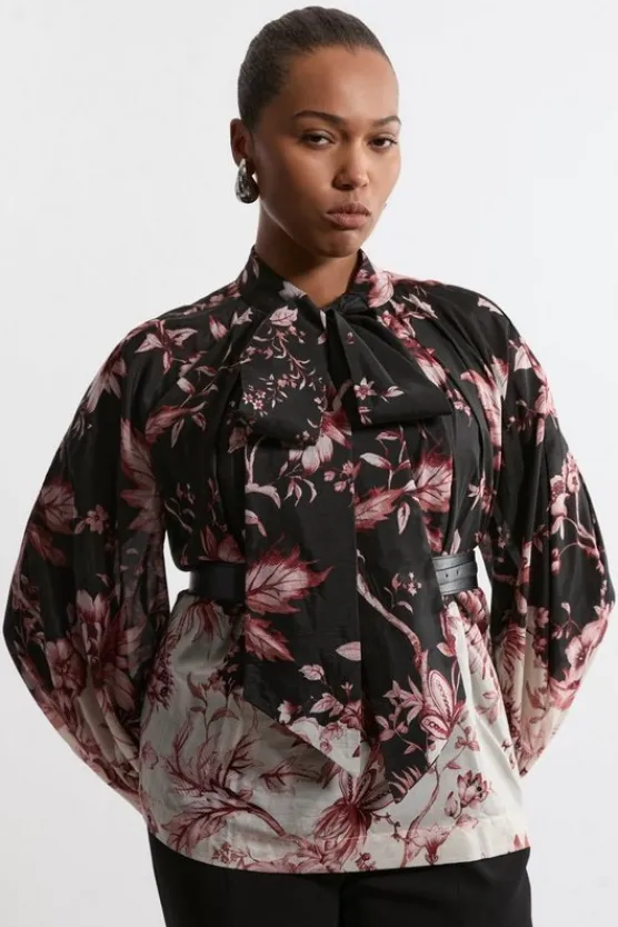 Karen Millen Plus Size Silk Cotton Border Print Woven Blouse floral New